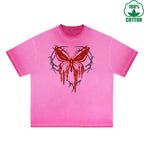BOGGO  Blood Butterfly Printed Dirty WashT-Shirt 230G Multicolor Loose Trendy Fashionable 100%Cotton Short Sleeve Top