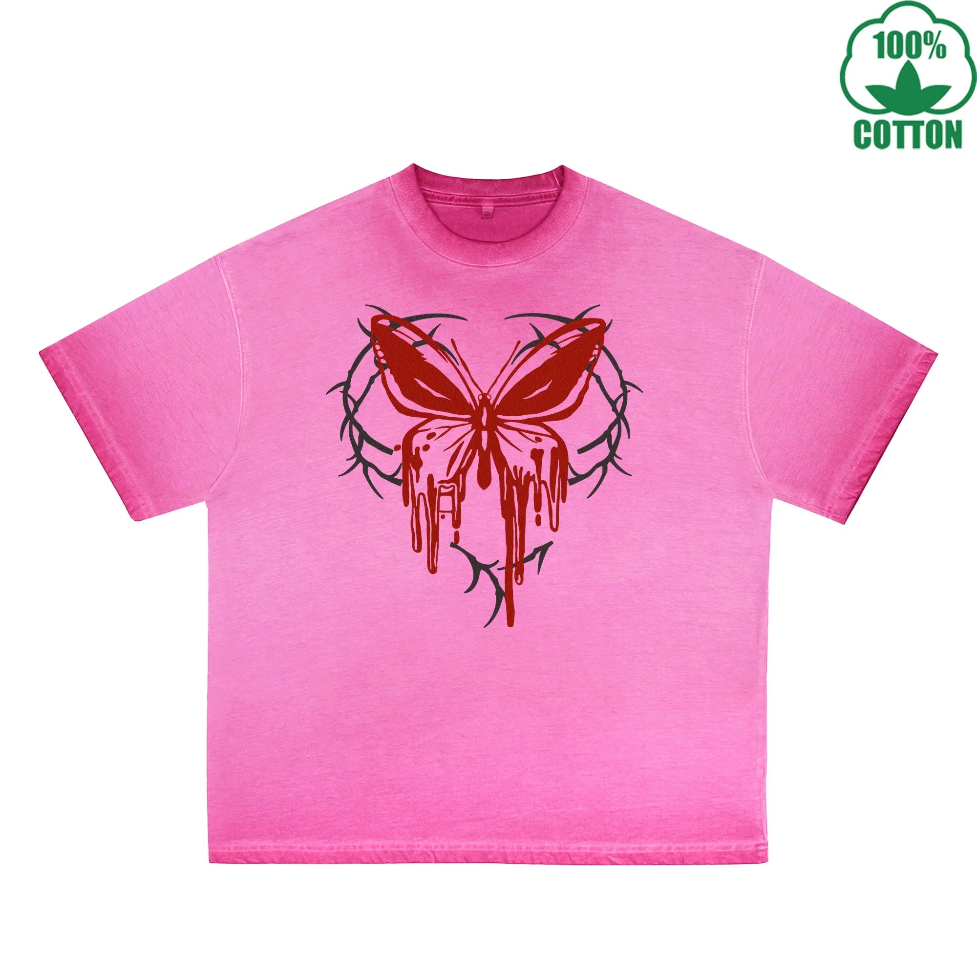 BOGGO  Blood Butterfly Printed Dirty WashT-Shirt 230G Multicolor Loose Trendy Fashionable 100%Cotton Short Sleeve Top