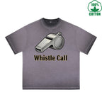 BOGGO  Whistle Call Printed Dirty Wash T-Shirt 230G Multicolor Loose Trendy Fashionable 100%Cotton Short Sleeve Top