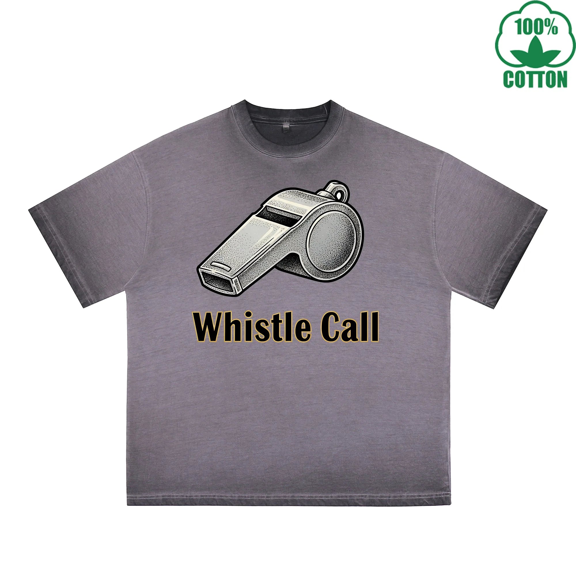 BOGGO  Whistle Call Printed Dirty Wash T-Shirt 230G Multicolor Loose Trendy Fashionable 100%Cotton Short Sleeve Top