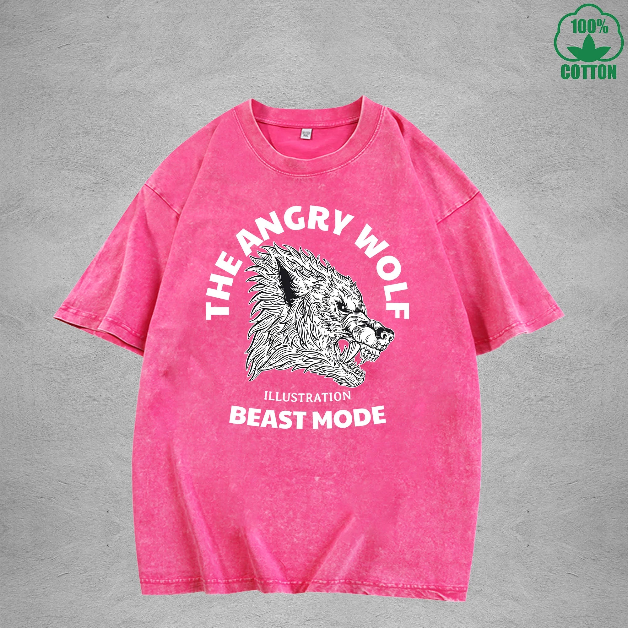 BOGGO  The Angry WolfInterest Printed Washed T-Shirt 230G Multicolor Loose Trendy Fashionable 100%Cotton Short Sleeve Top