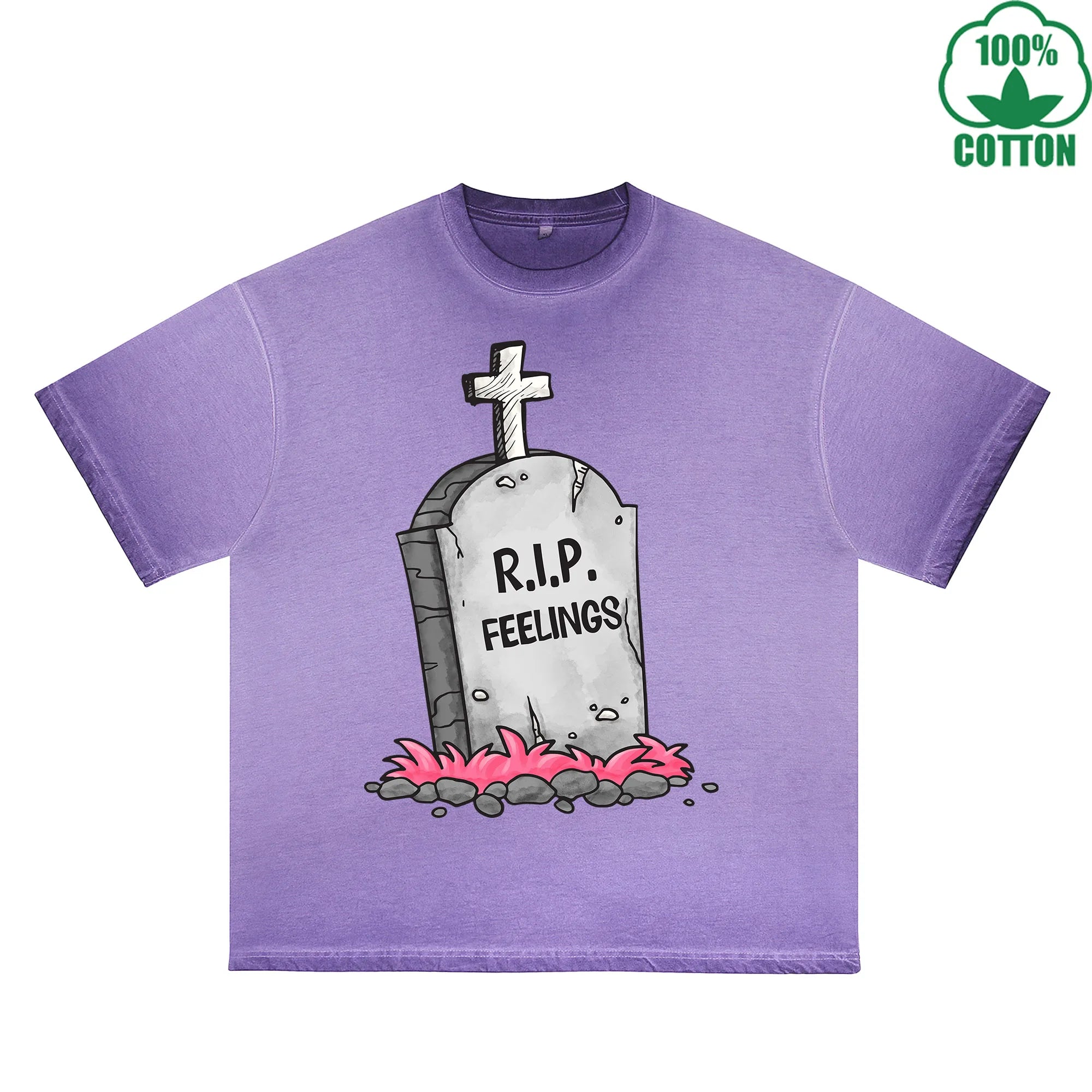BOGGO  RIP Feelings Printed Dirty Wash T-Shirt 230G Multicolor Loose Trendy Fashionable 100%Cotton Short Sleeve Top