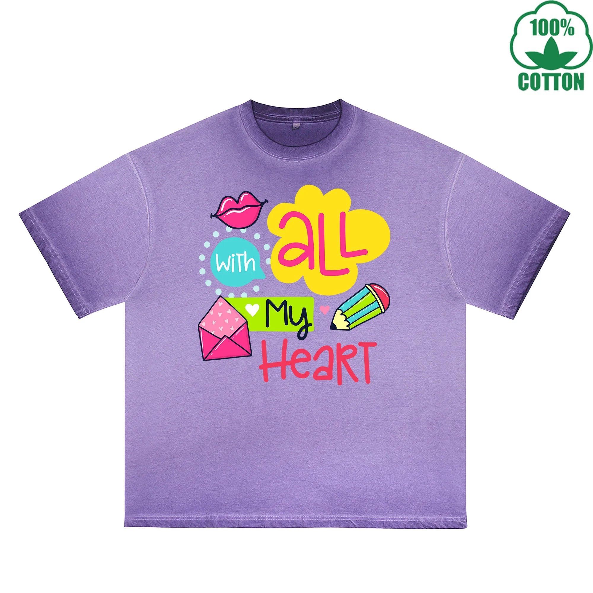 BOGGO  With All My Heart Printed Dirty WashT-Shirt 230G Multicolor Loose Trendy Fashionable 100%Cotton Short Sleeve Top