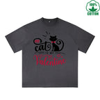 BOGGO  My Cat is My Valentine Printed Dirty Wash T-Shirt 230G Multicolor Loose Trendy Fashionable 100%Cotton Short Sleeve Top
