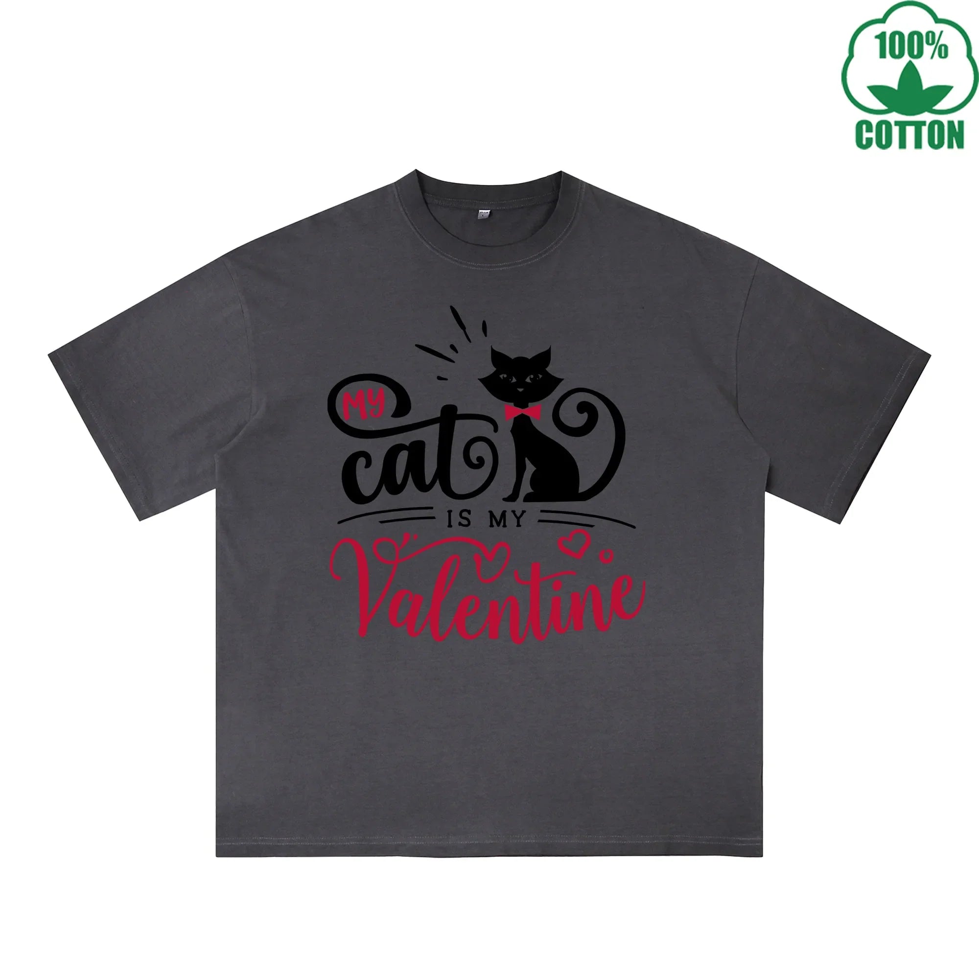BOGGO  My Cat is My Valentine Printed Dirty Wash T-Shirt 230G Multicolor Loose Trendy Fashionable 100%Cotton Short Sleeve Top