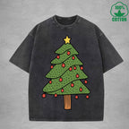BOGGO  Christmas Tree Interest Printed Washed T-Shirt 230G Multicolor Loose Trendy Fashionable 100%Cotton Short Sleeve Top