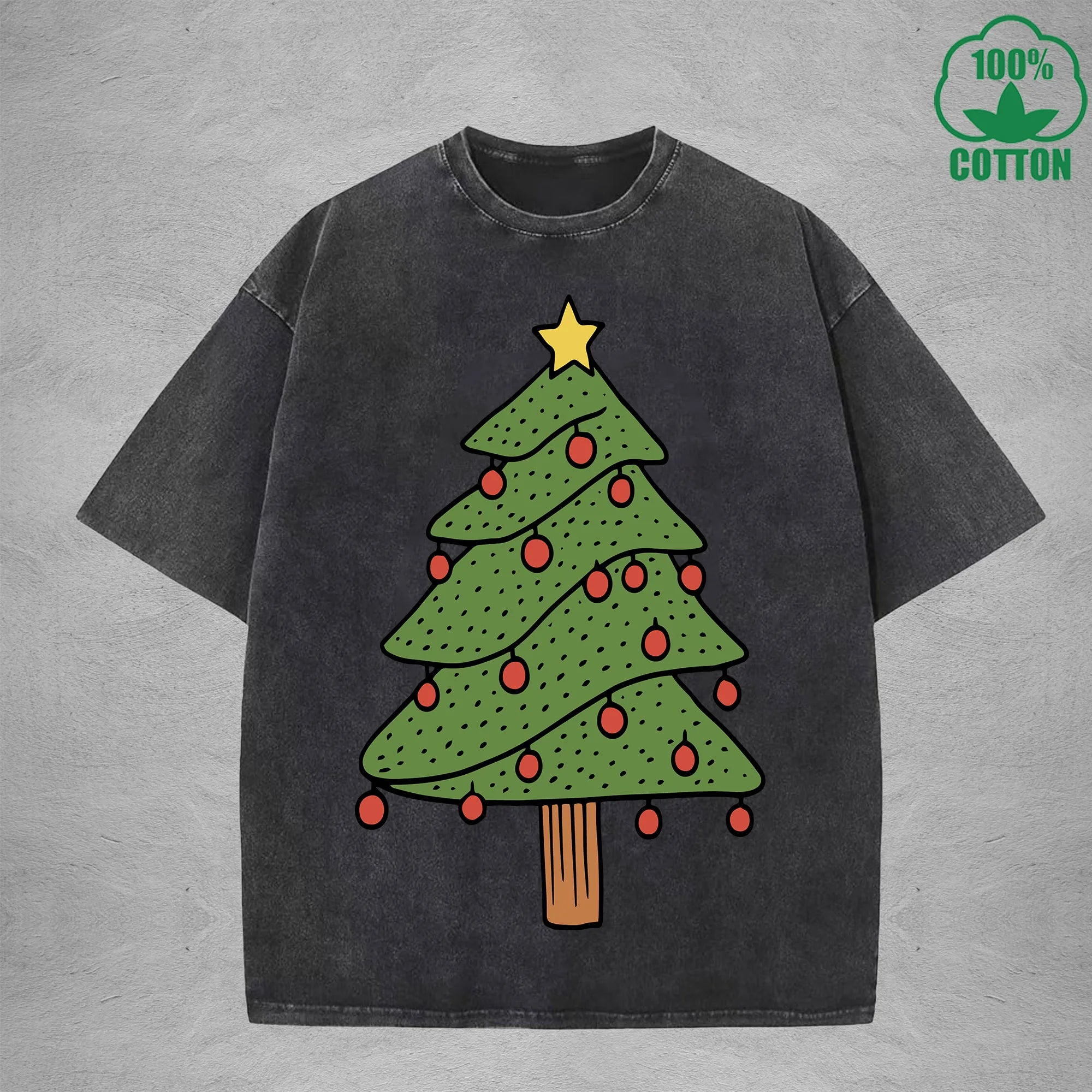 BOGGO  Christmas Tree Interest Printed Washed T-Shirt 230G Multicolor Loose Trendy Fashionable 100%Cotton Short Sleeve Top