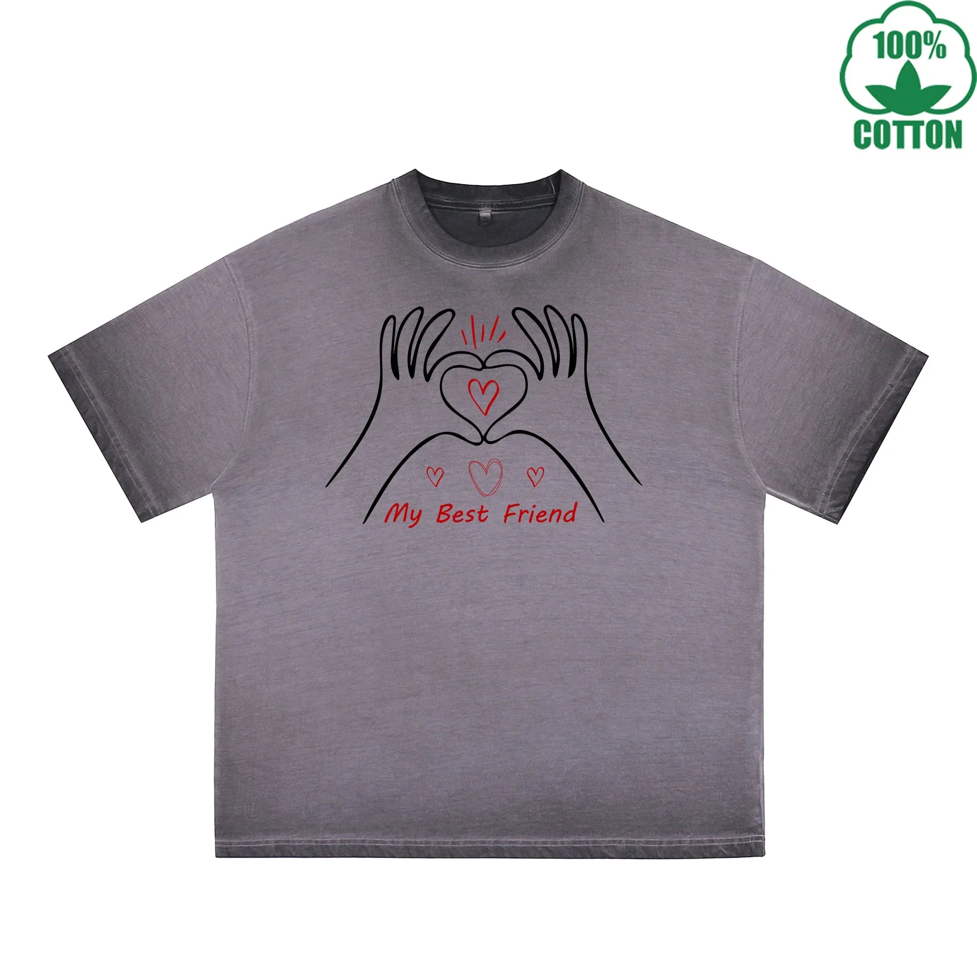 BOGGO  My Best Friend Printed Dirty Wash T-Shirt 230G Multicolor Loose Trendy Fashionable 100%Cotton Short Sleeve Top