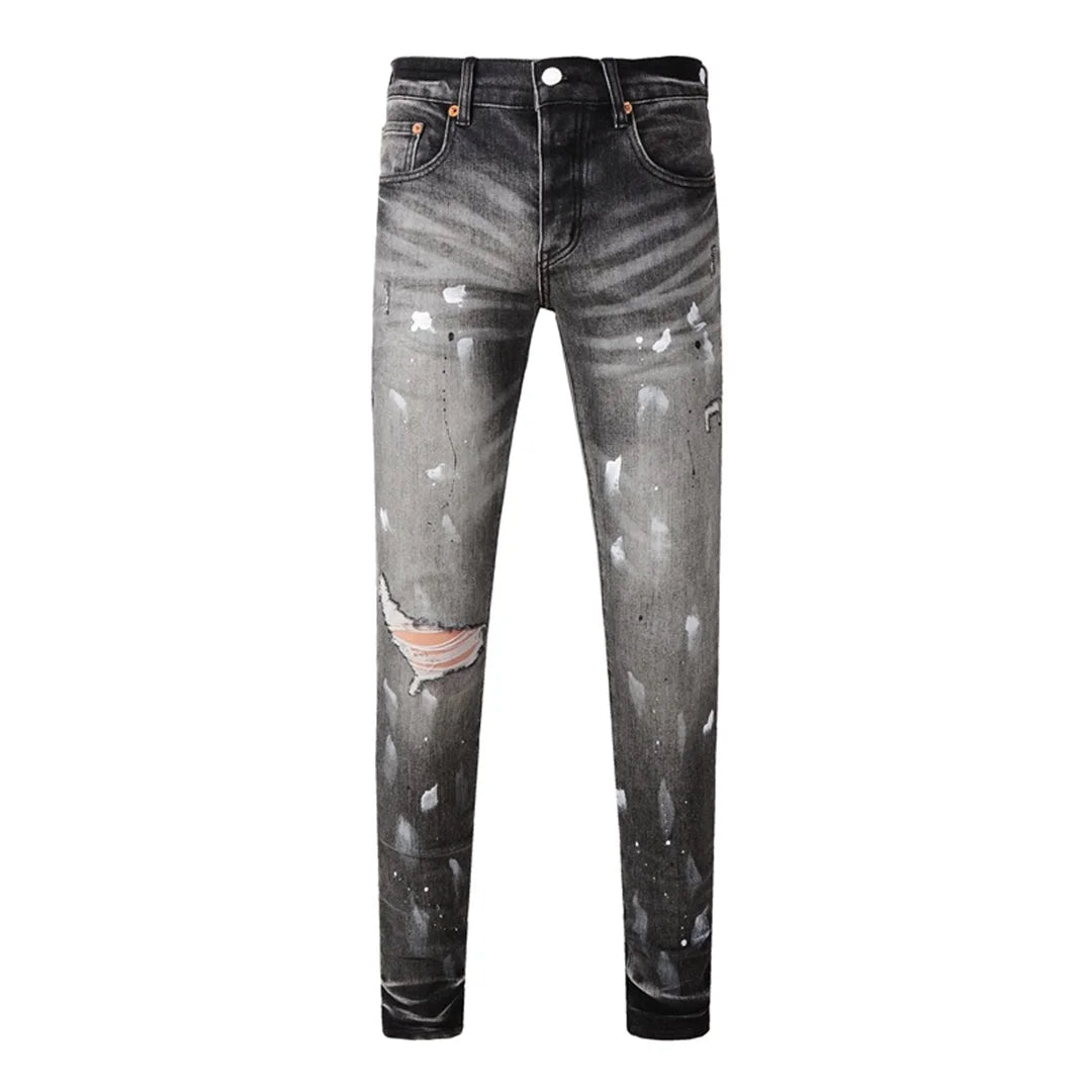 BOGGO High Street Men's Jeans American Distressed Dark Black Coated Blank Stretch Skinny Button Fly Ripped Pants Trousers