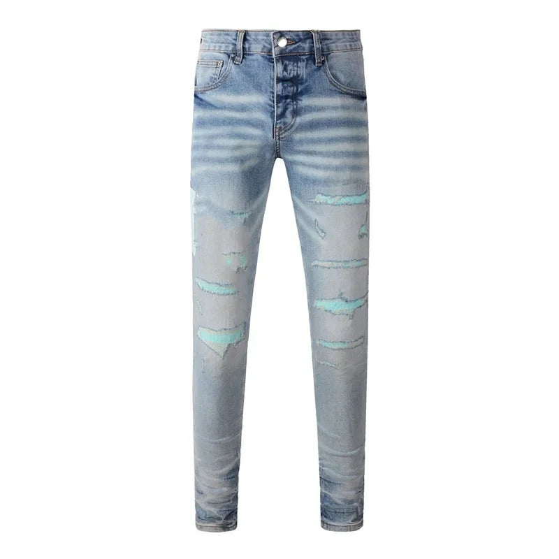 BOGGO Streetwear Men Jeans Fashion Trend American High Street Retro wash Low Rise Elastic Skinny Pleated Ripped Denim Pants