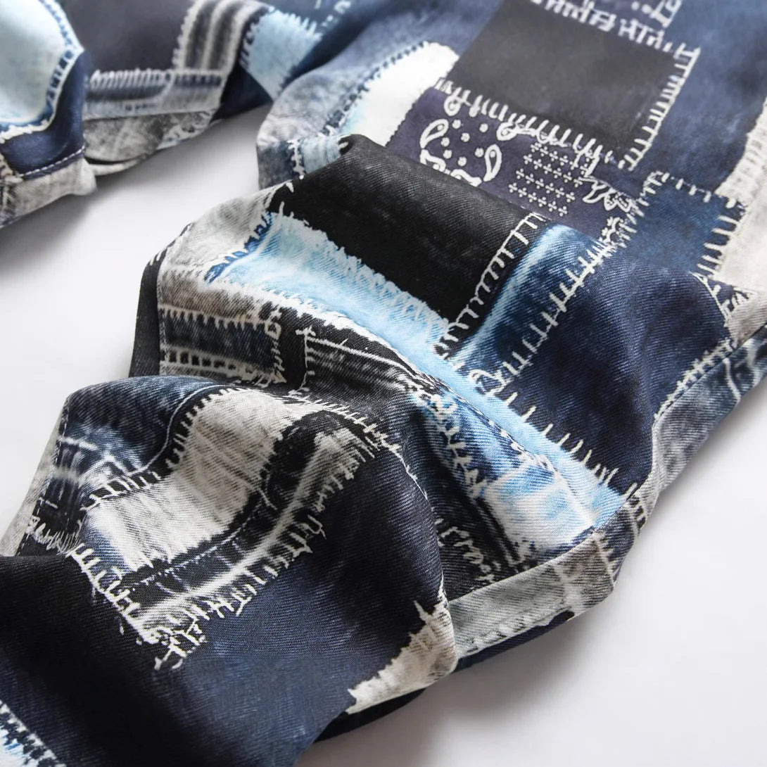 BOGGO Best-selling Men's Stretch Jeans, Blue Checkered Denim Pants, Casual Trousers in Asian Sizes.