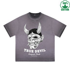 BOGGO  True Devil Printed Dirty WashT-Shirt 230G Multicolor Loose Trendy Fashionable 100%Cotton Short Sleeve Top