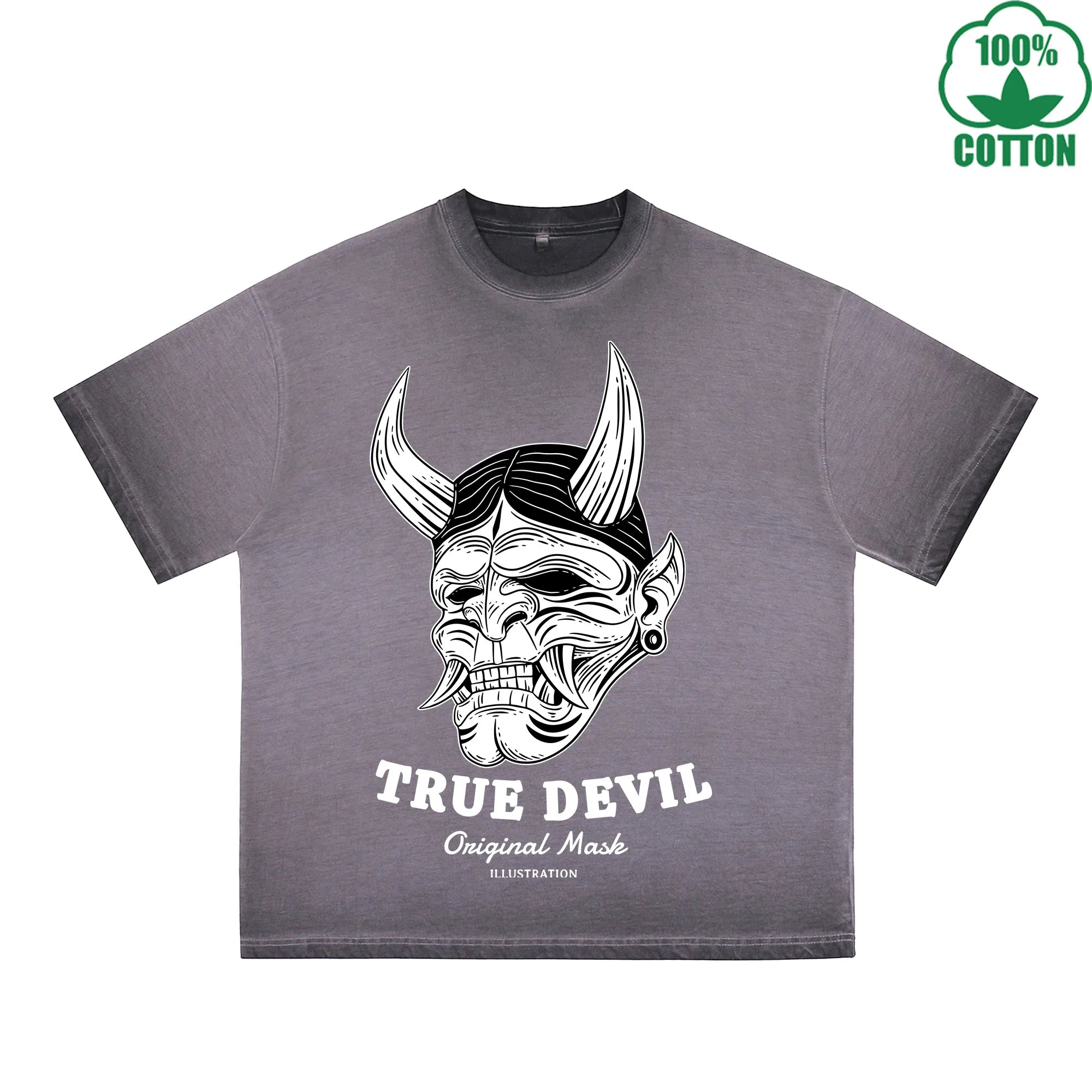 BOGGO  True Devil Printed Dirty WashT-Shirt 230G Multicolor Loose Trendy Fashionable 100%Cotton Short Sleeve Top