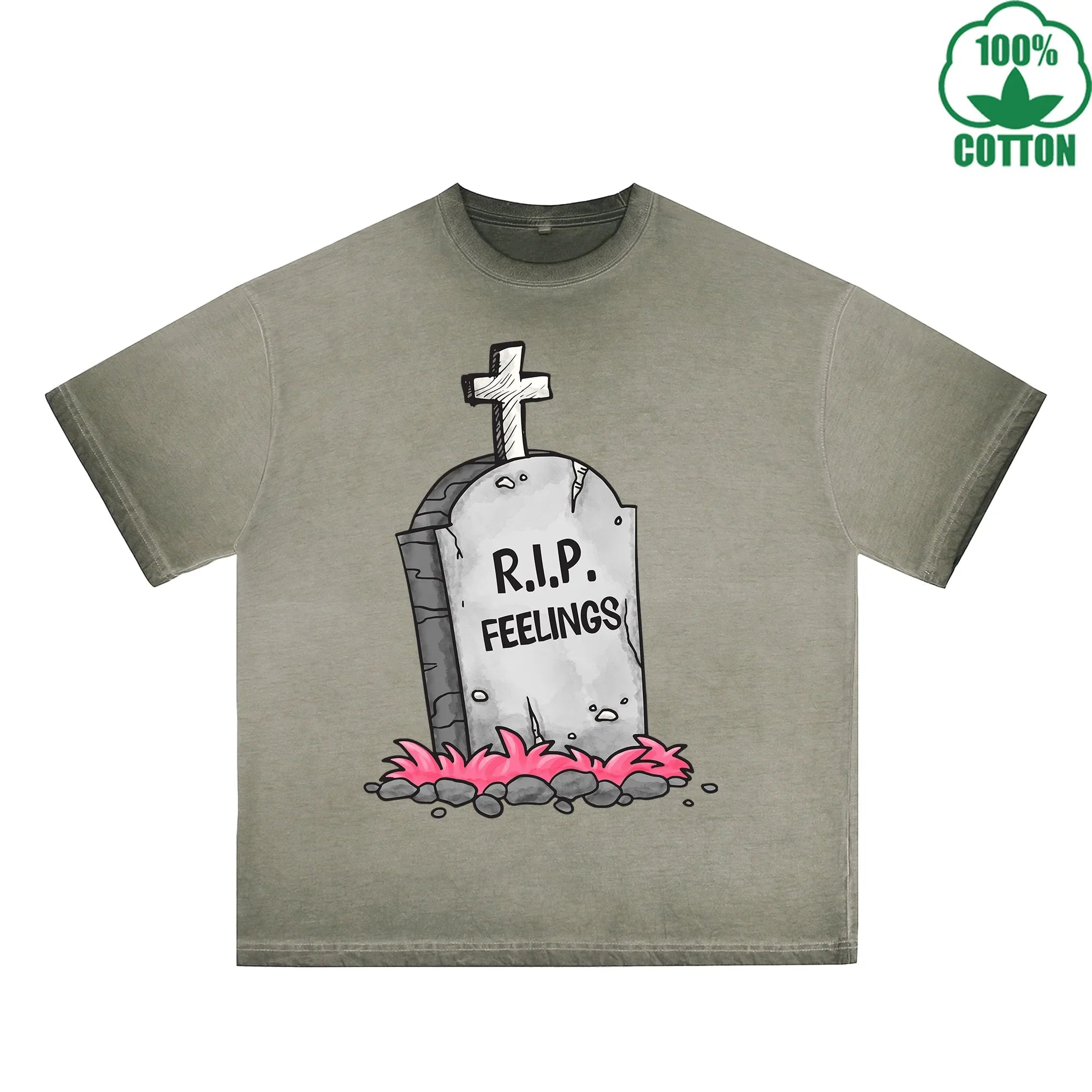 BOGGO  RIP Feelings Printed Dirty Wash T-Shirt 230G Multicolor Loose Trendy Fashionable 100%Cotton Short Sleeve Top