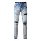 Fashionable new blue men's jeans, washed, nostalgic, elastic, slim fit, perforated patch, jeans, high street designer, high-qual