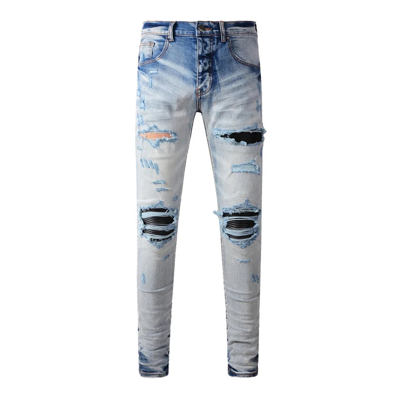 Fashionable new blue men's jeans, washed, nostalgic, elastic, slim fit, perforated patch, jeans, high street designer, high-qual