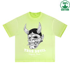 BOGGO  True Devil Printed Dirty WashT-Shirt 230G Multicolor Loose Trendy Fashionable 100%Cotton Short Sleeve Top