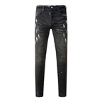 BOGGO High Street Men's Jeans American Distressed Dark Black Coated Blank Stretch Skinny Button Fly Ripped Pants Trousers