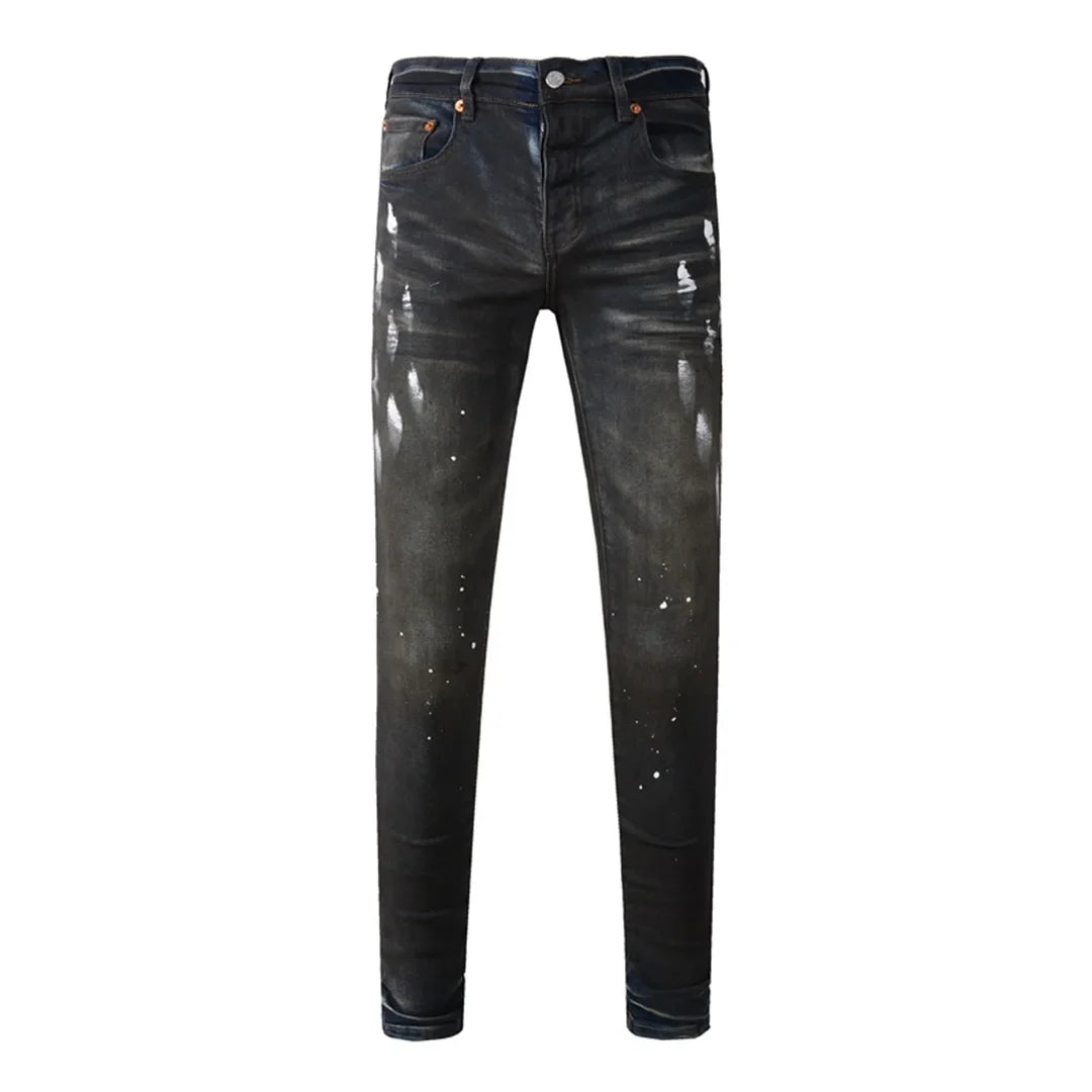 BOGGO High Street Men's Jeans American Distressed Dark Black Coated Blank Stretch Skinny Button Fly Ripped Pants Trousers