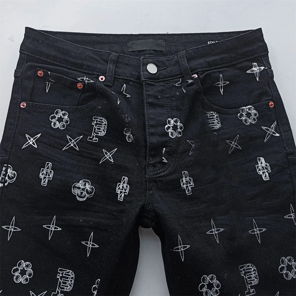 BOGGO Men Jeans Fashion Americans High street Retro wash black Splashing ink graffiti print Low Rise Elastic Skinny Jeans Brand pants