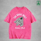 BOGGO  The Brave WolfInterest Printed Washed T-Shirt 230G Multicolor Loose Trendy Fashionable 100%Cotton Short Sleeve Top