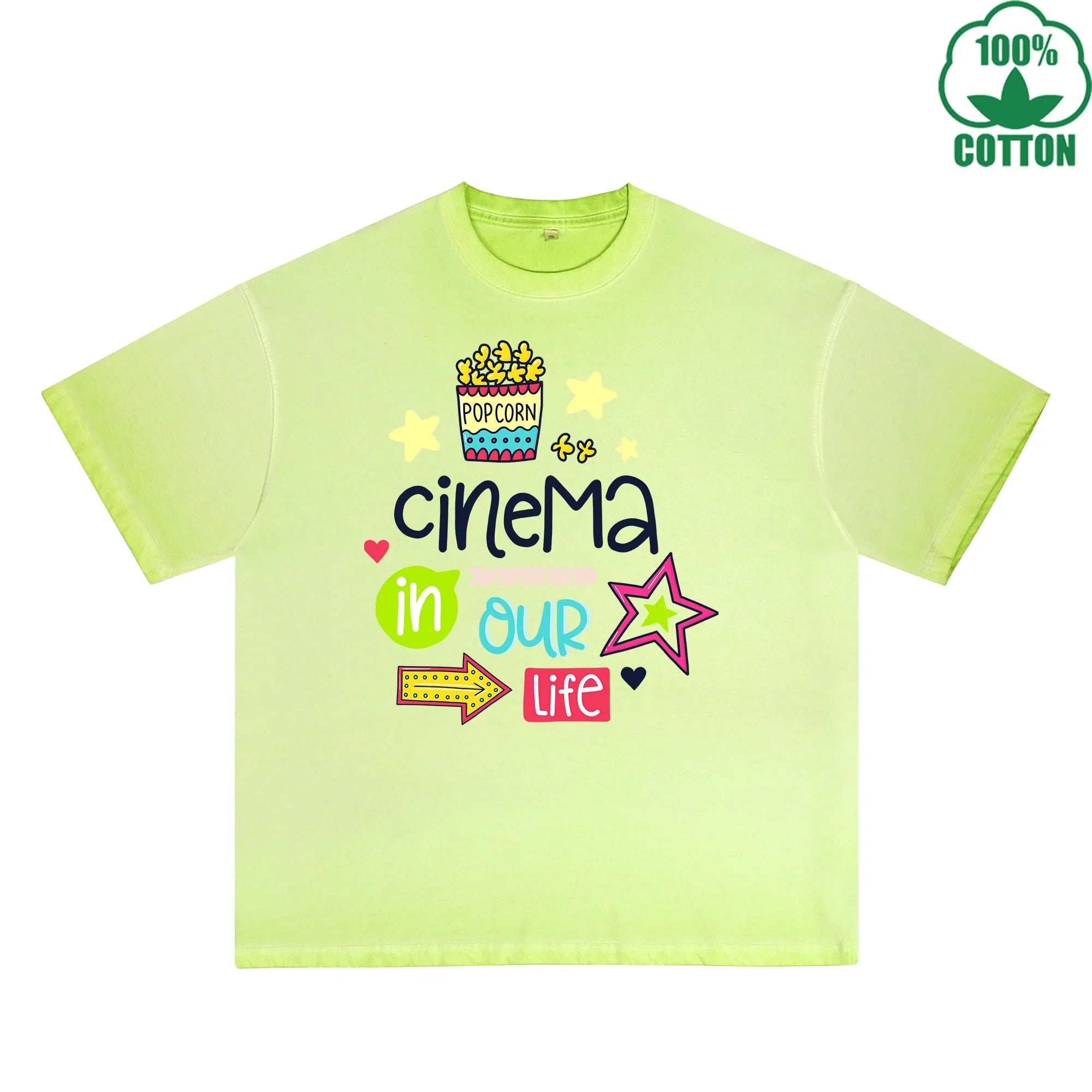 BOGGO  Cinema In Our Life Printed Dirty WashT-Shirt 230G Multicolor Loose Trendy Fashionable 100%Cotton Short Sleeve Top