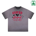 BOGGO  God of Love is Stupid Printed Dirty Wash T-Shirt 230G Multicolor Loose Trendy Fashionable 100%Cotton Short Sleeve Top