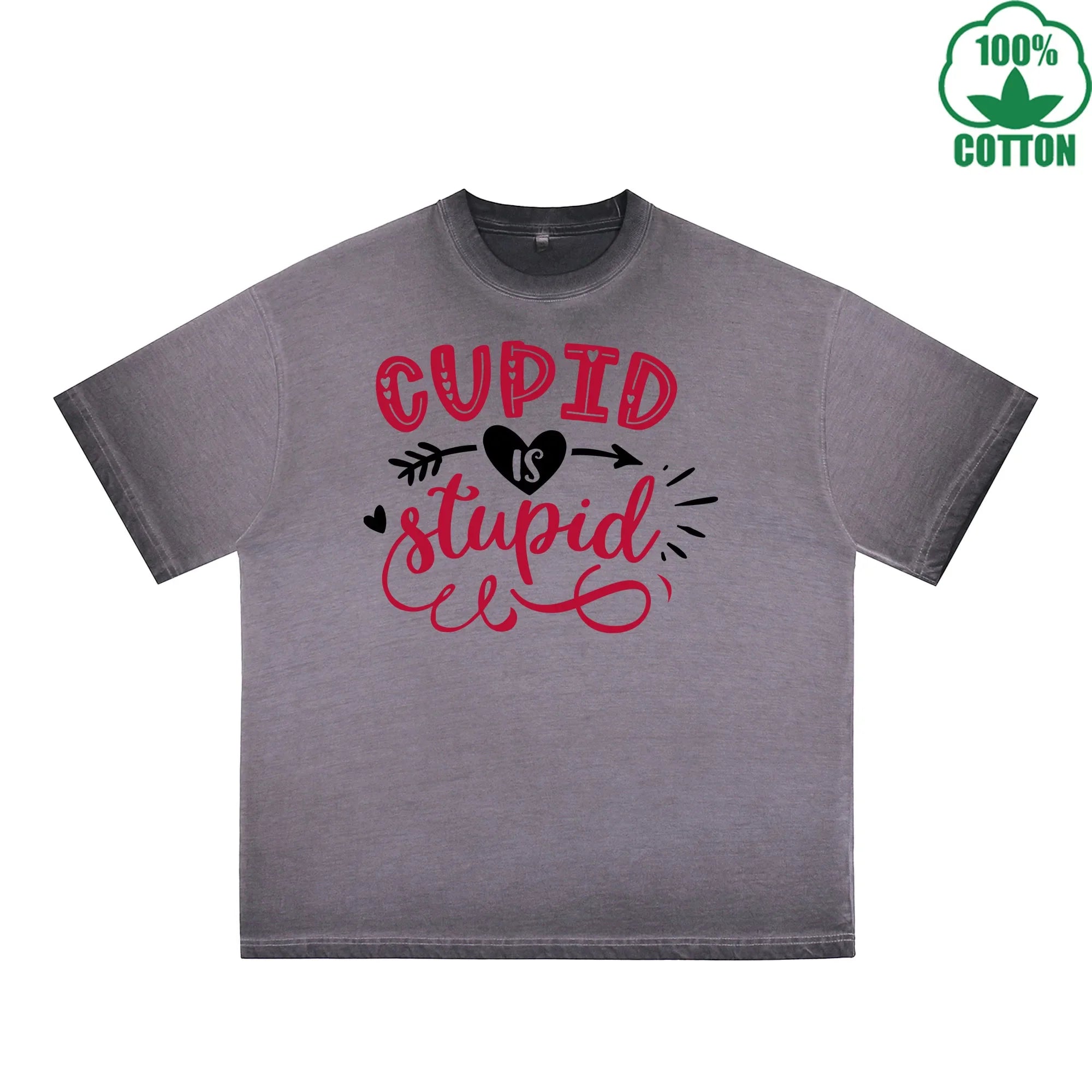BOGGO  God of Love is Stupid Printed Dirty Wash T-Shirt 230G Multicolor Loose Trendy Fashionable 100%Cotton Short Sleeve Top