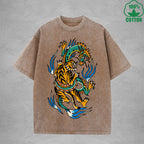 BOGGO  Dragon And TigerInterest Printed Washed T-Shirt 230G Multicolor Loose Trendy Fashionable 100%Cotton Short Sleeve Top