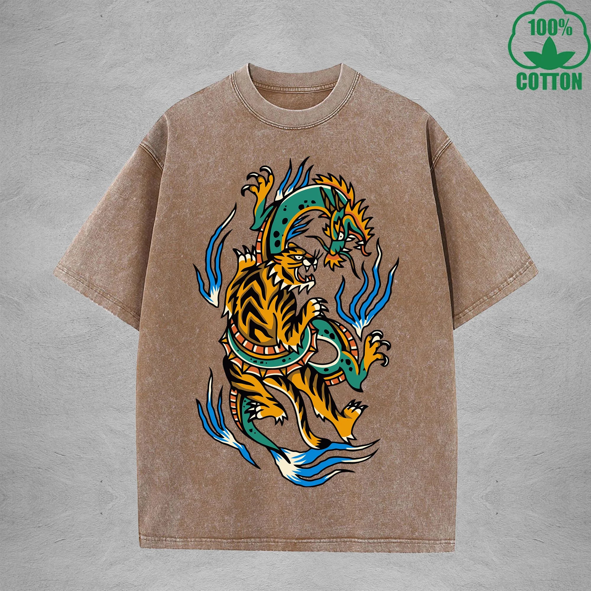 BOGGO  Dragon And TigerInterest Printed Washed T-Shirt 230G Multicolor Loose Trendy Fashionable 100%Cotton Short Sleeve Top