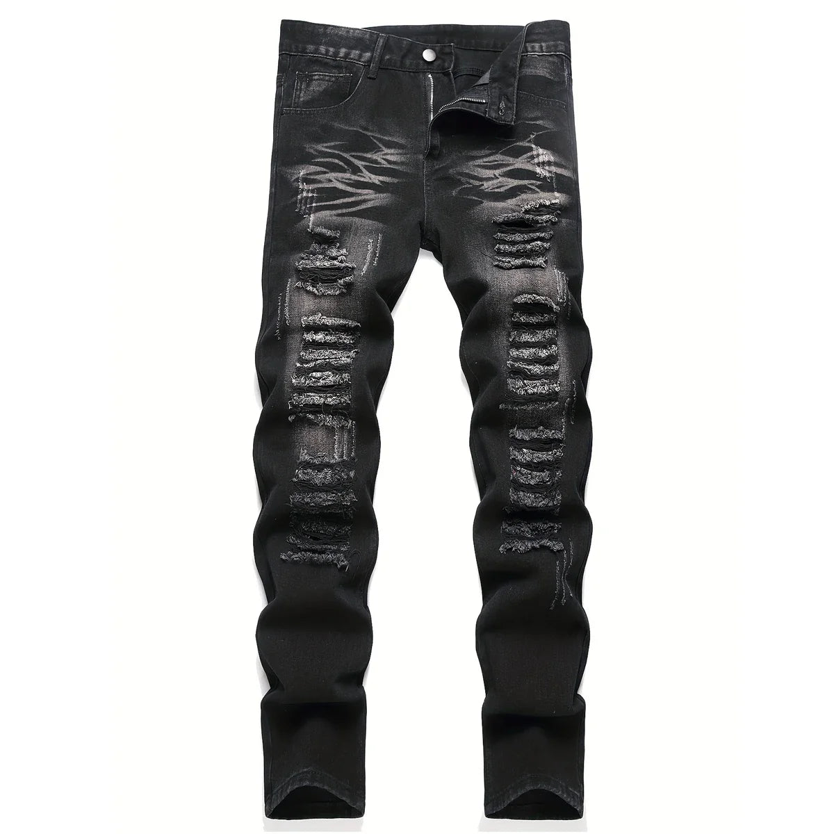 Men¡¯s trendy streetwear: black ripped straight-leg jeans ¨C an excellent gift for husbands or boyfriends.