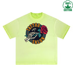 BOGGO  Skull Rose Printed Dirty WashT-Shirt 230G Multicolor Loose Trendy Fashionable 100%Cotton Short Sleeve Top