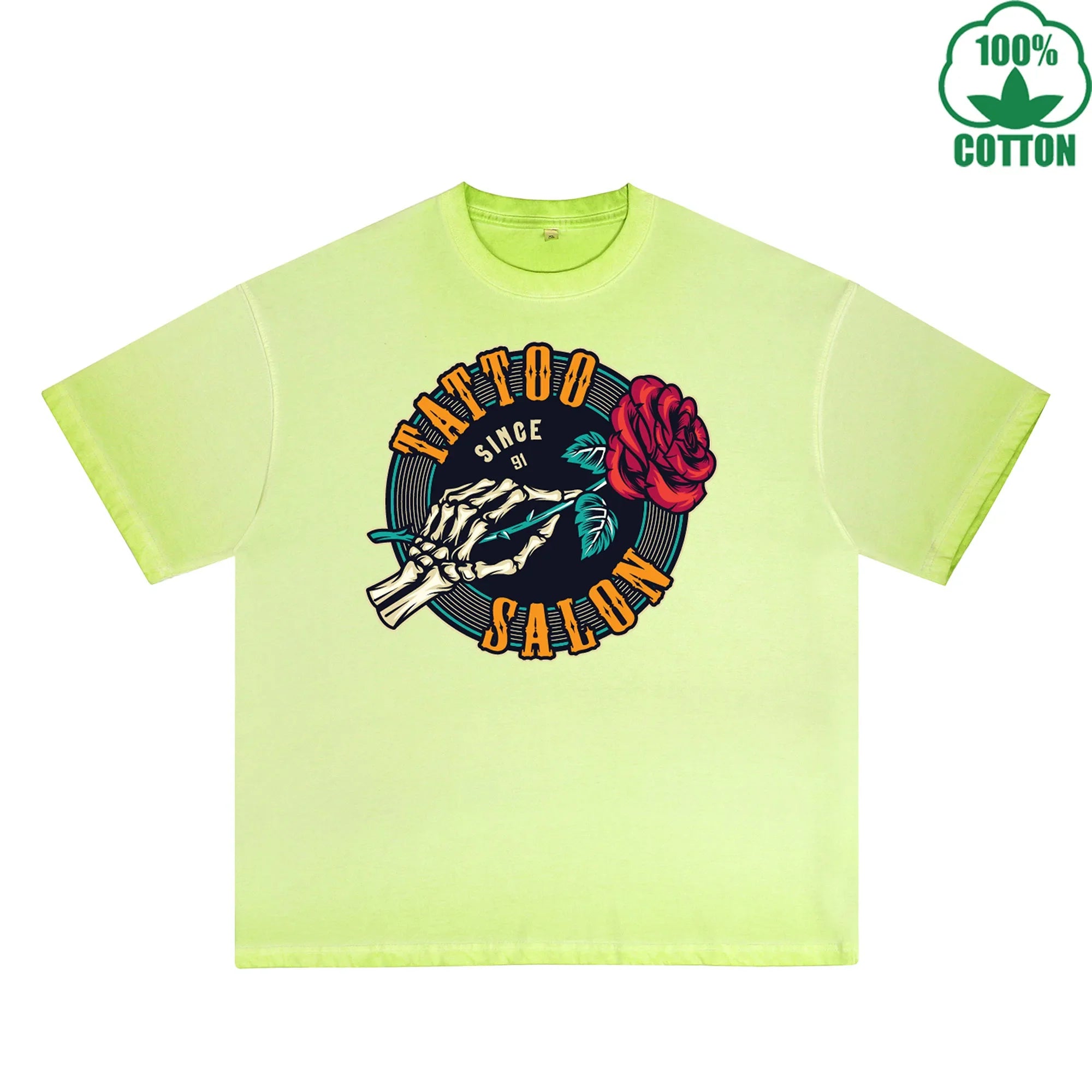 BOGGO  Skull Rose Printed Dirty WashT-Shirt 230G Multicolor Loose Trendy Fashionable 100%Cotton Short Sleeve Top