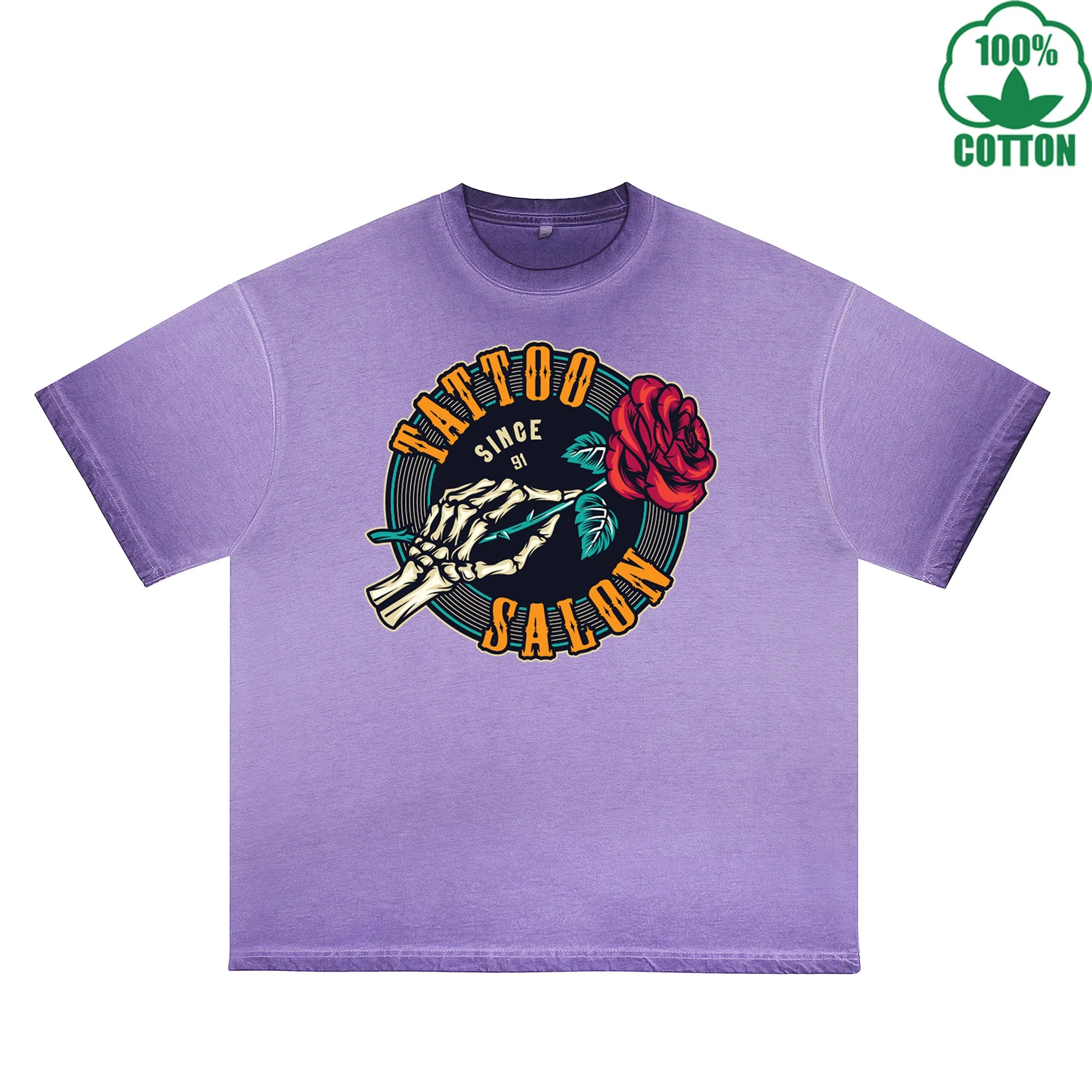 BOGGO  Skull Rose Printed Dirty WashT-Shirt 230G Multicolor Loose Trendy Fashionable 100%Cotton Short Sleeve Top