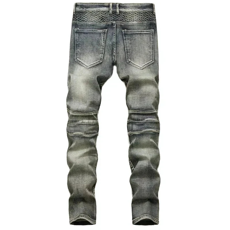 BOGGO Men's New Casual Motorcycle Jeans Hip Hop Street Riding Stretch Slim Fit Straight Pants Patchwork Fashion Denim Trousers Male