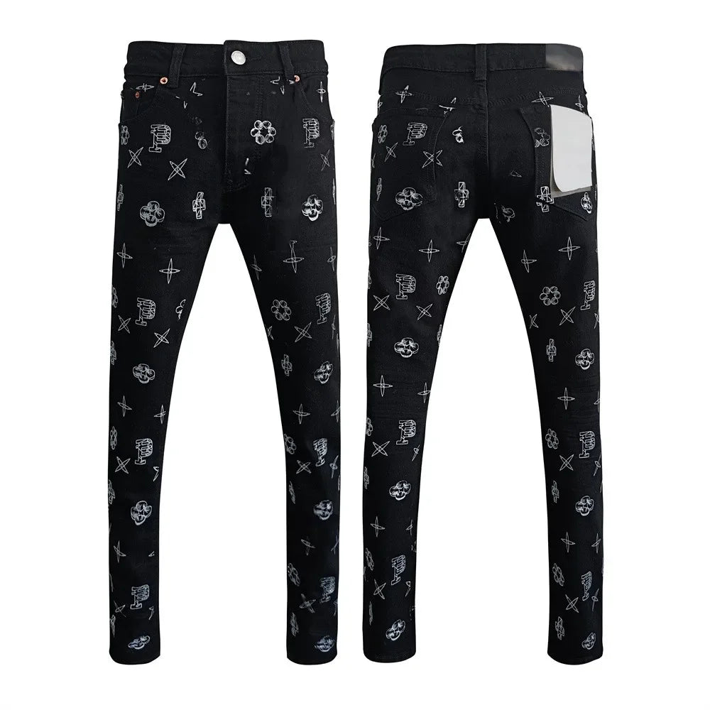 BOGGO Men Jeans Fashion Americans High street Retro wash black Splashing ink graffiti print Low Rise Elastic Skinny Jeans Brand pants
