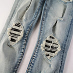 BOGGO Men Paisley Bandana Print Patch Jeans Streetwear High Stretch Denim Pants Holes Ripped Patchwork Skinny Tapered Trousers