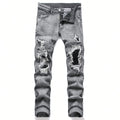 BOGGO Men¡®s Stretchy Denim Jeans Streetwear Tearing Patchwork Holes Ripped Denim Elastic Waist Casual Pants Slim fit Straight Trousers