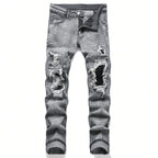 BOGGO Men¡®s Stretchy Denim Jeans Streetwear Tearing Patchwork Holes Ripped Denim Elastic Waist Casual Pants Slim fit Straight Trousers