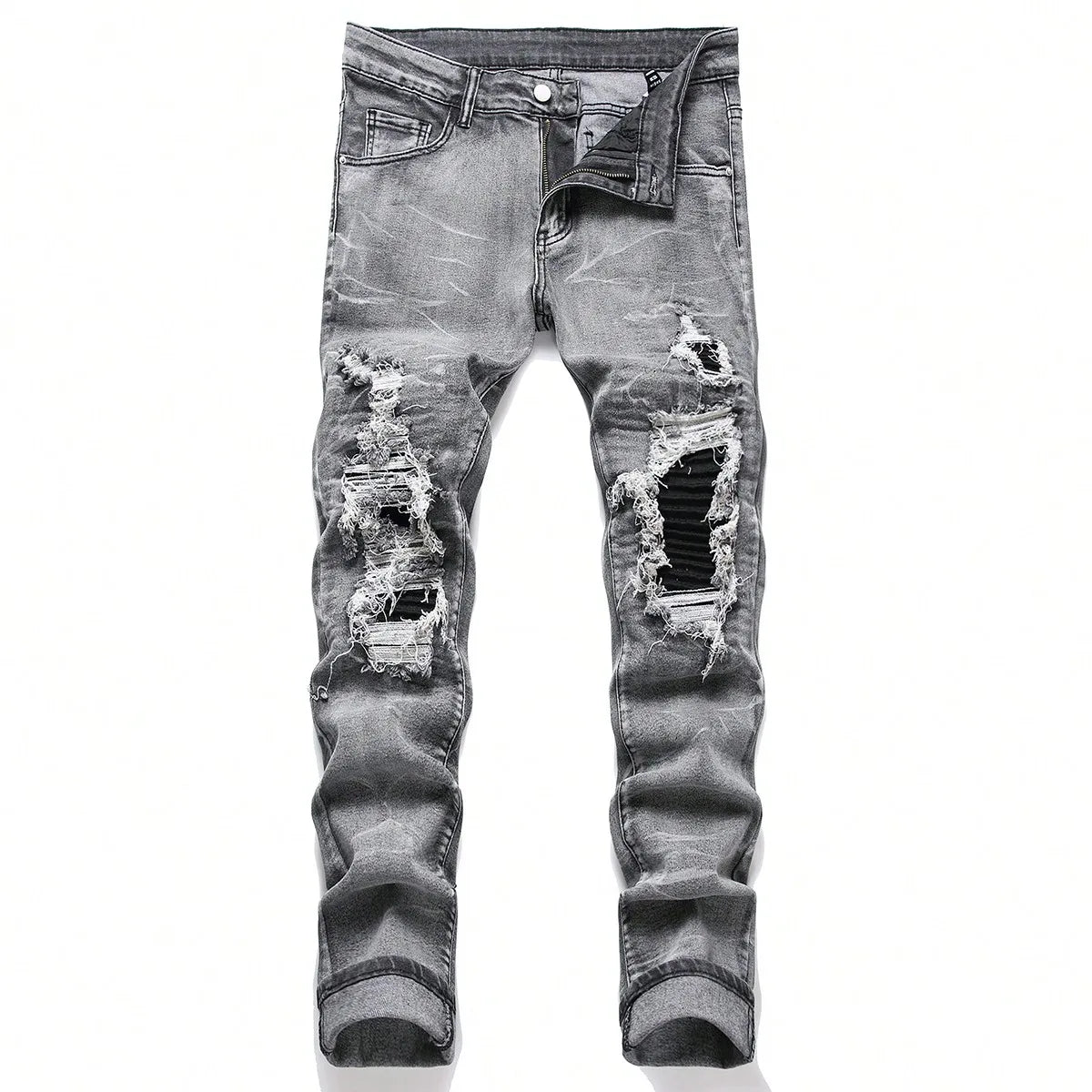 BOGGO Men¡®s Stretchy Denim Jeans Streetwear Tearing Patchwork Holes Ripped Denim Elastic Waist Casual Pants Slim fit Straight Trousers
