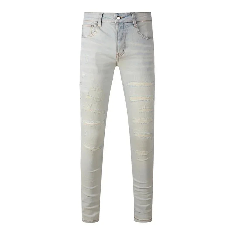 BOGGO Streetwear Men Jeans Fashion Trend American High Street Retro wash Low Rise Elastic Skinny Pleated Ripped Denim Pants