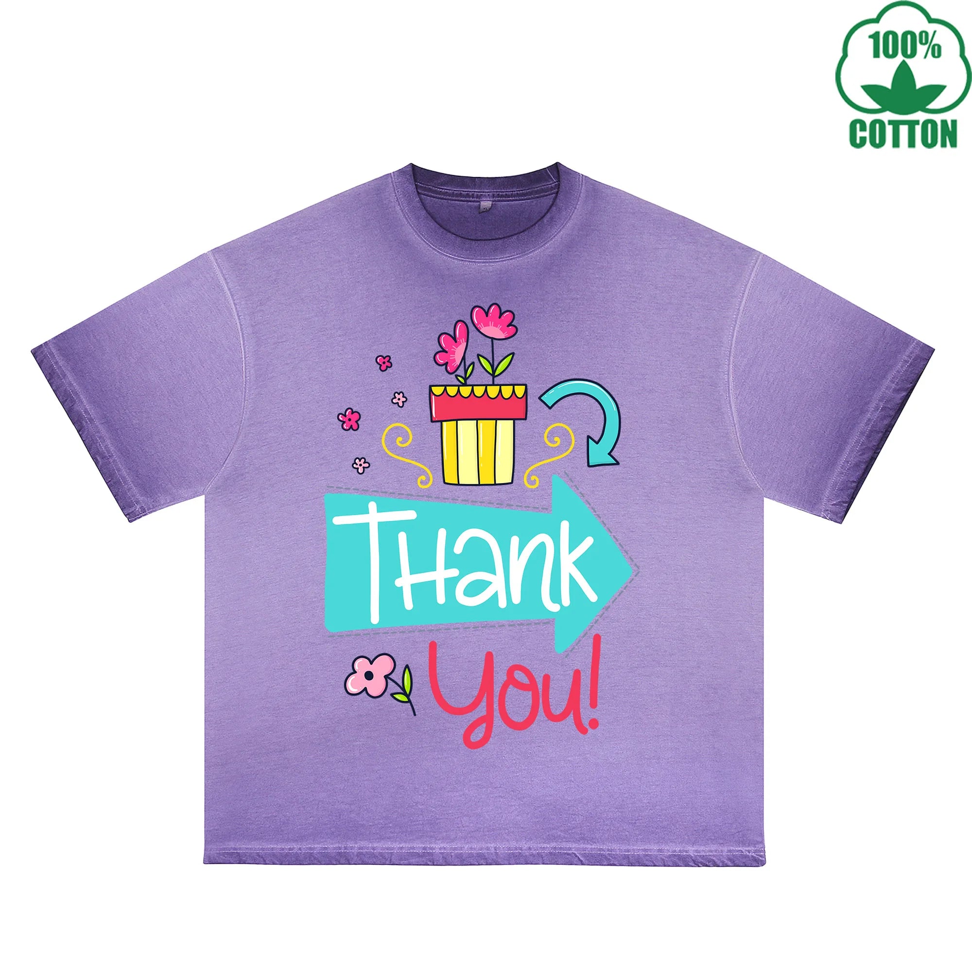 BOGGO  Thank You Printed Dirty WashT-Shirt 230G Multicolor Loose Trendy Fashionable 100%Cotton Short Sleeve Top