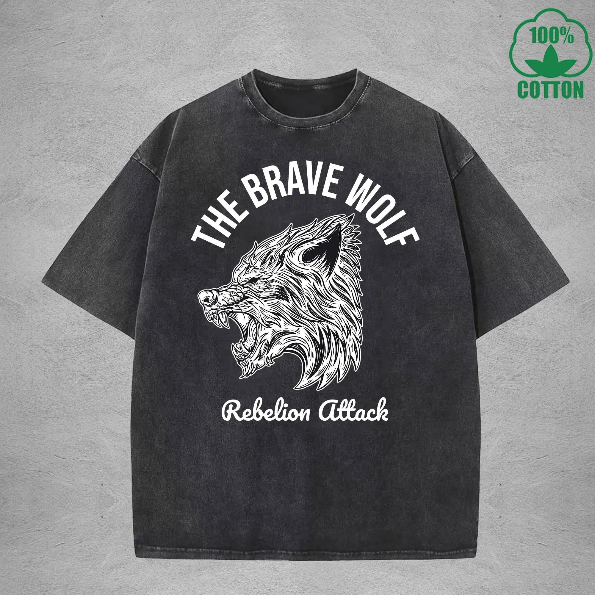 BOGGO  The Brave WolfInterest Printed Washed T-Shirt 230G Multicolor Loose Trendy Fashionable 100%Cotton Short Sleeve Top