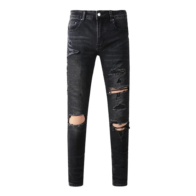 BOGGO Streetwear Men Jeans Fashion Trend American High Street Retro wash Low Rise Elastic Skinny Pleated Ripped Denim Pants