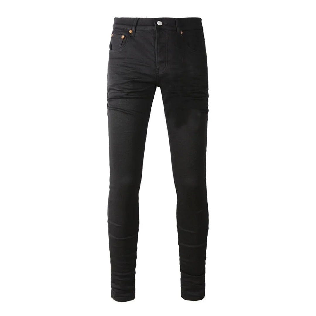 BOGGO High Street Men's Jeans American Distressed Dark Black Coated Blank Stretch Skinny Button Fly Ripped Pants Trousers