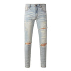 BOGGO Streetwear Men Jeans Fashion Trend American High Street Retro wash Low Rise Elastic Skinny Pleated Ripped Denim Pants