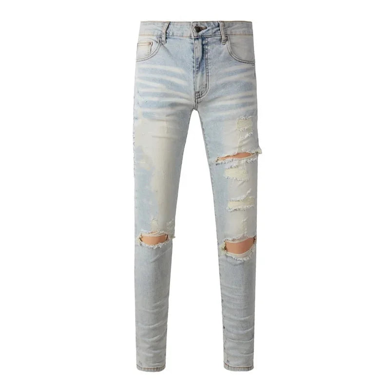 BOGGO Streetwear Men Jeans Fashion Trend American High Street Retro wash Low Rise Elastic Skinny Pleated Ripped Denim Pants
