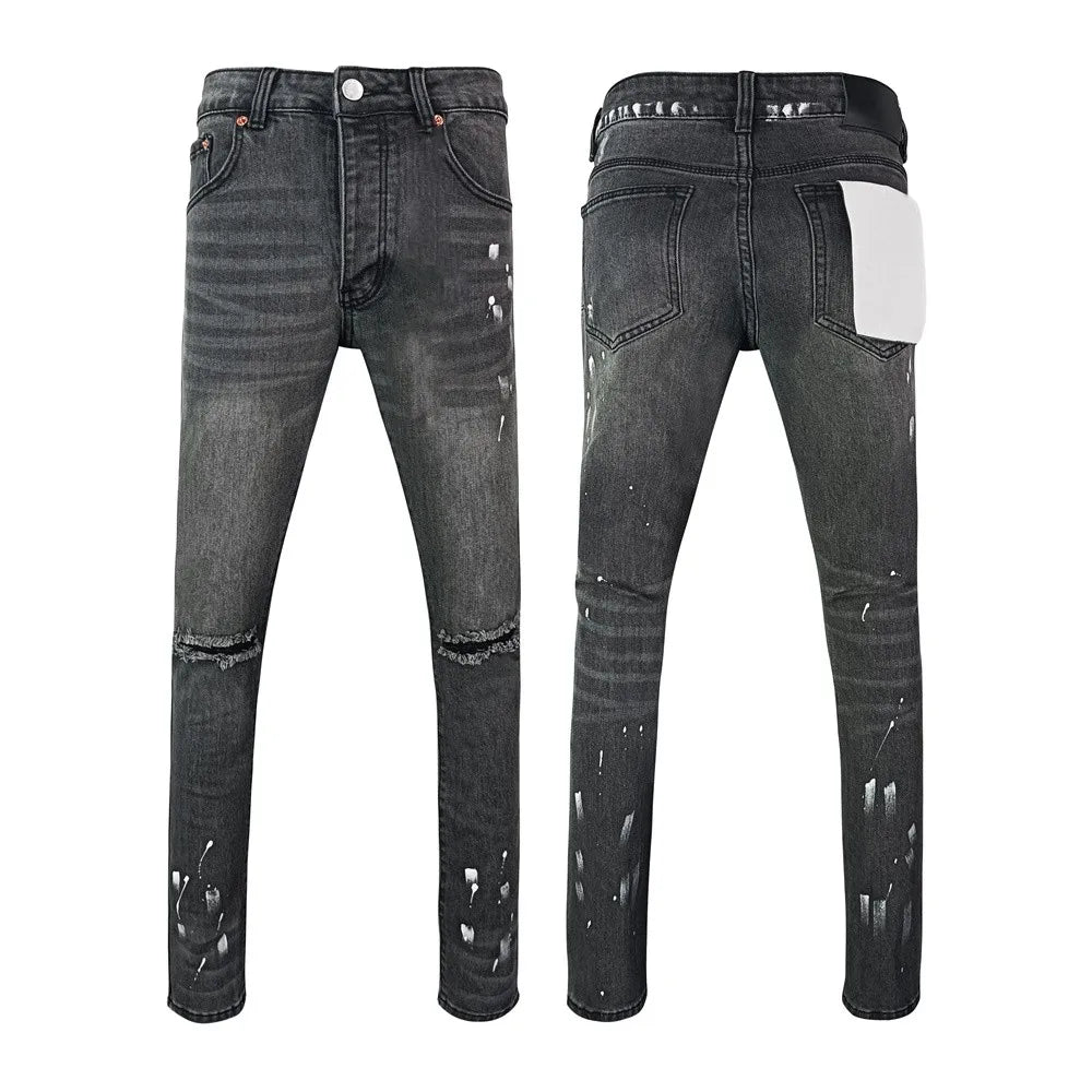 BOGGO Men Jeans Fashion Americans High street Retro wash black Splashing ink graffiti print Low Rise Elastic Skinny Jeans Brand pants