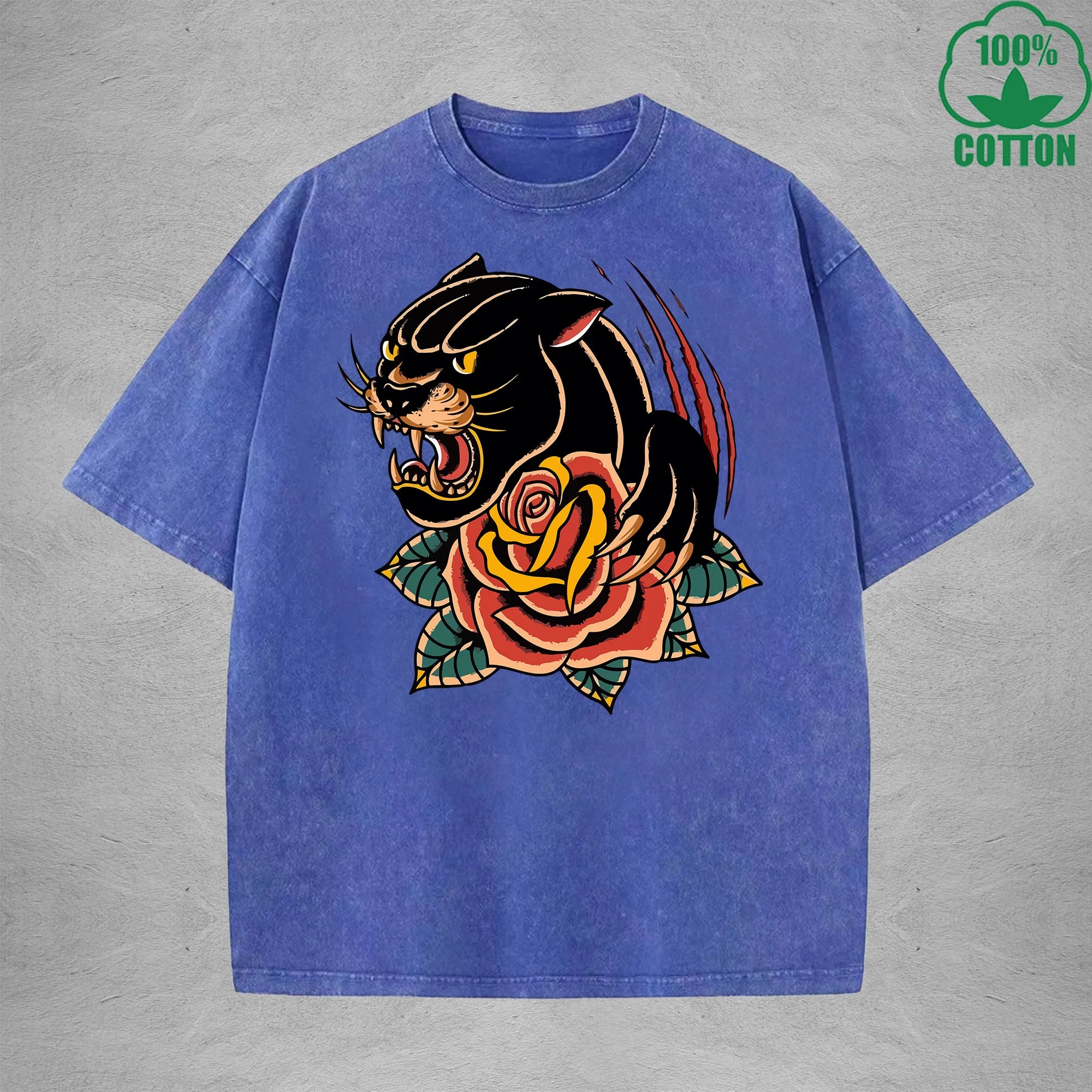 BOGGO  Black PantherInterest Printed Washed T-Shirt 230G Multicolor Loose Trendy Fashionable 100%Cotton Short Sleeve Top