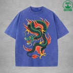 BOGGO  Eastern DragonInterest Printed Washed T-Shirt 230G Multicolor Loose Trendy Fashionable 100%Cotton Short Sleeve Top